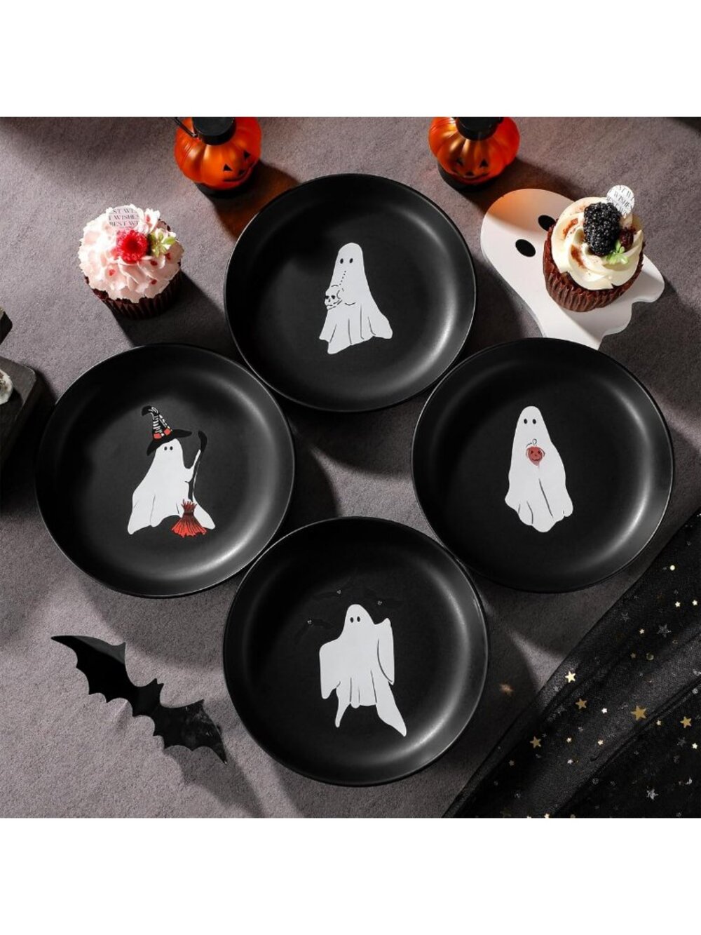 Spooky Ceramic Halloween Ghost Plates - Set of 4 Round Appetizer Dishes